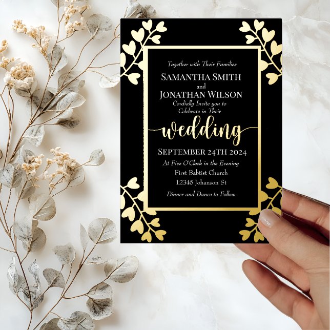 Heart Shaped Flowers on Black Wedding Gold Foil Invitation (Creator Uploaded)