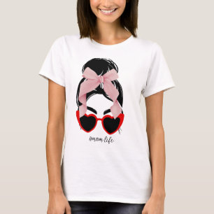 Heart-Shaped Glasses, Pink Bow, and Messy Bun  T-Shirt