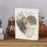 Heart Shaped Gold Geometric Floral Frame Photo Wooden Box Sign<br><div class="desc">Custom Photo block displaying your favorite photo in a geometric heart shaped gold frame. The frame is decorated with watercolor bouquets of cream and apricot flowers. It is lettered with the word "together" in elegant casual, handwritten script on a neutral, almond white background, all of which you can edit if...</div>