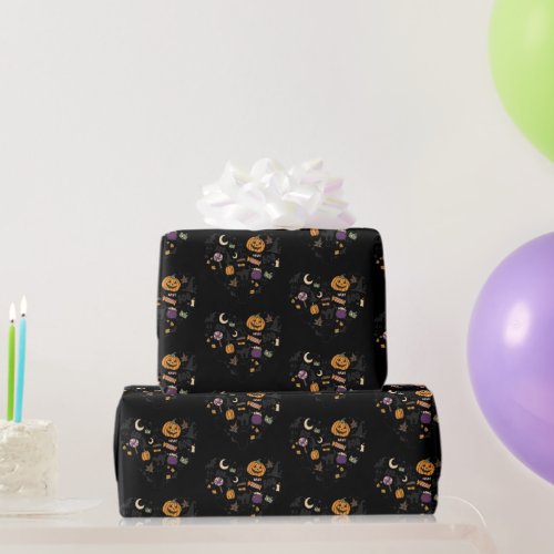 Heart Shaped Halloween Pattern Black Halloween Wrapping Paper