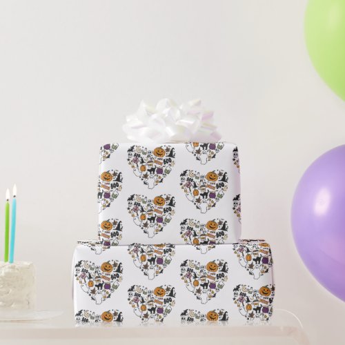 Heart Shaped Halloween Pattern White Halloween Wrapping Paper