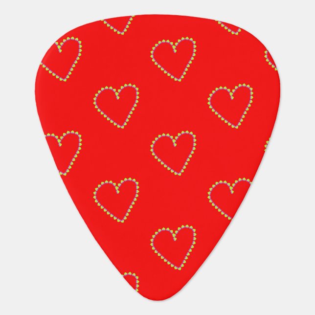 Heart shaped hearts on red guitar pick (Front)