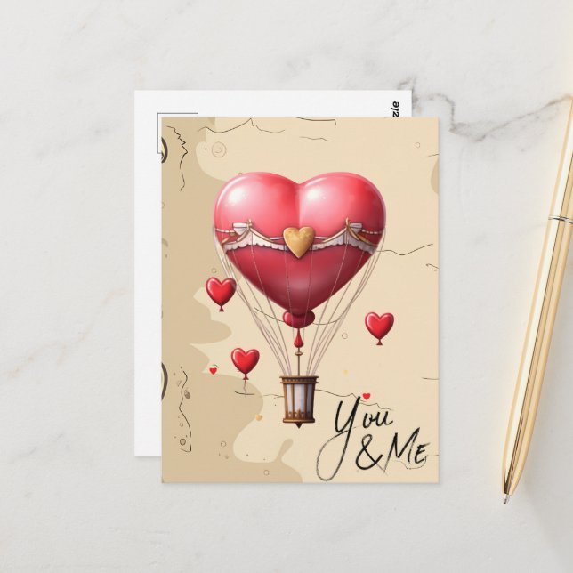  Heart-Shaped Hot Air Balloon Romantic Valentine's Postcard (Front/Back In Situ)