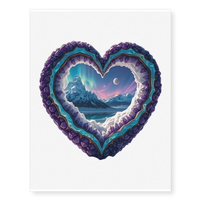 Heart-Shaped Ice Sculpture with Aurora Temporary Tattoos (Front)