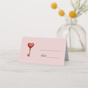 Heart shaped key pink wedding place card
