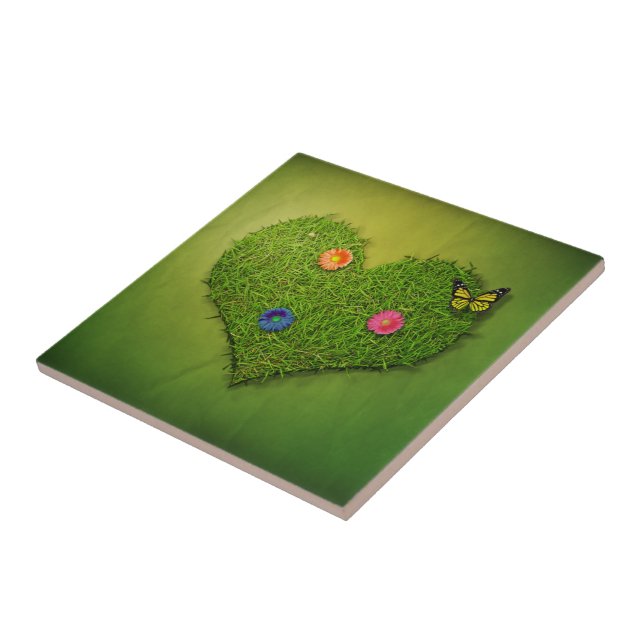 Heart-Shaped Lawn Flowers Butterfly Ceramic Tile (Side)