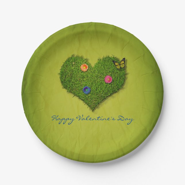 Heart-Shaped Lawn Flowers Butterfly Paper Plates (Front)