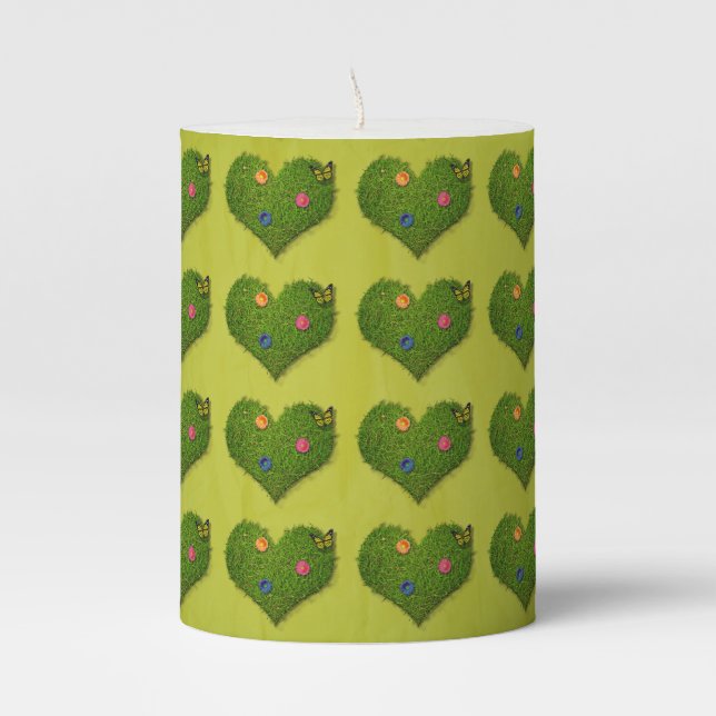 Heart-Shaped Lawn Flowers Butterfly Pattern Pillar Candle (Front)