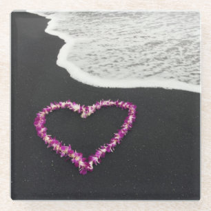 Heart Shaped Lei on Black Sand Beach Glass Coaster