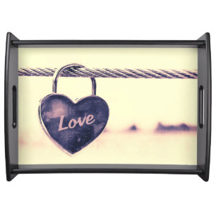 Heart Shaped Love Padlock Attached to a Rope Serving Tray