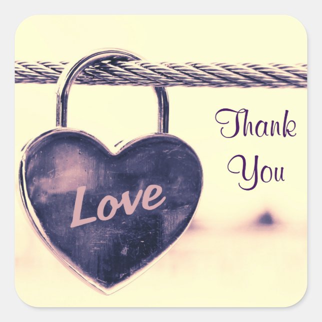 Heart Shaped Love Padlock Thank You Square Sticker (Front)