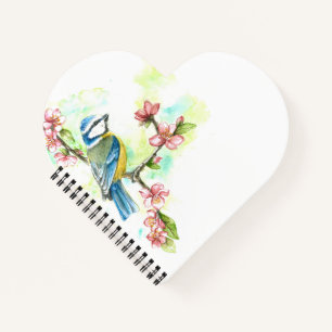 Heart-Shaped Notebook with Watercolor Blue Tit