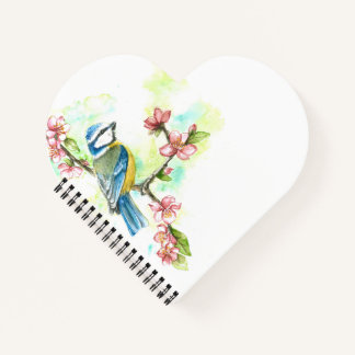 Heart-Shaped Notebook with Watercolor Blue Tit