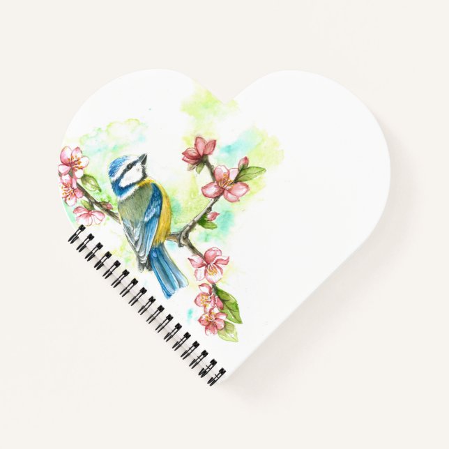 Heart-Shaped Notebook with Watercolor Blue Tit (Front)