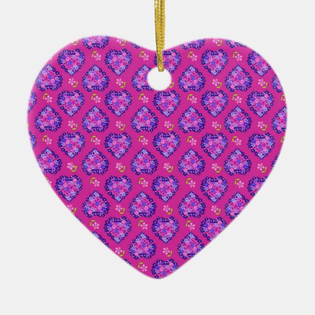 Heart-shaped Ornament, Magenta Hearts and Flowers Ceramic Ornament (Front)