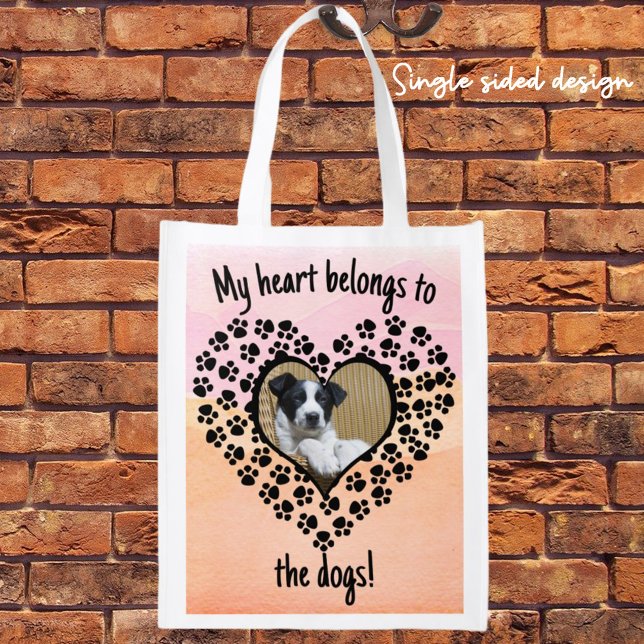 Heart Shaped Paw Frame Replaceable Pic Single Side Grocery Bag (Sweet gift that can be personalized with pet or family photo. Simply change the text and photo. )