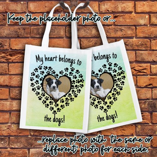 Heart Shaped Paw Print Framed Photo Double Sided Grocery Bag