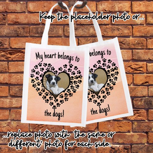 Heart Shaped Paw Print Framed Photo Double Sided Grocery Bag