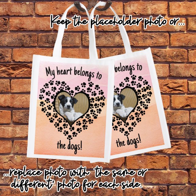 Heart Shaped Paw Print Framed Replaceable Photo Grocery Bag (A sweet gift that can be personalized for pet or family photos. Simply change the text and photos. )