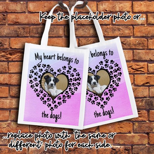 Heart Shaped Paw Print Personal Photo Double Sided Grocery Bag