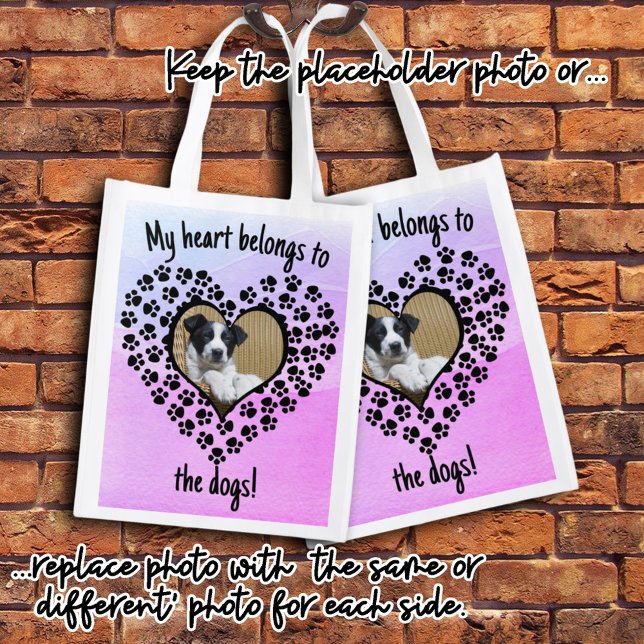 Heart Shaped Paw Print Personal Photo Double Sided Grocery Bag (Custom gift that can be personalized for with or family photos. Simply change the text and photos. )
