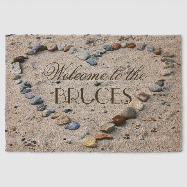 Heart-shaped Pebbles on Beach Personalized Welcome Fiber Doormat (Front)