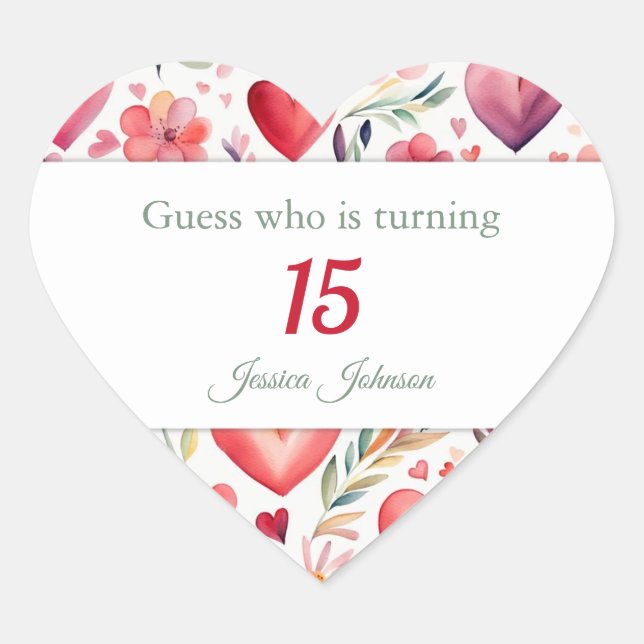Heart Shaped Personalized 13th Birthday Stickers (Front)