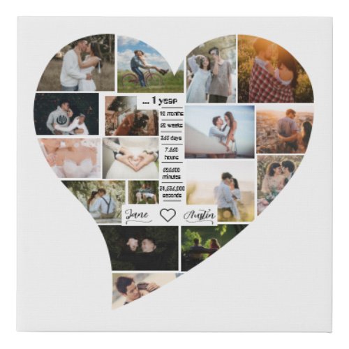 Heart Shaped Photo Collage 1st Year Anniversary  Faux Canvas Print