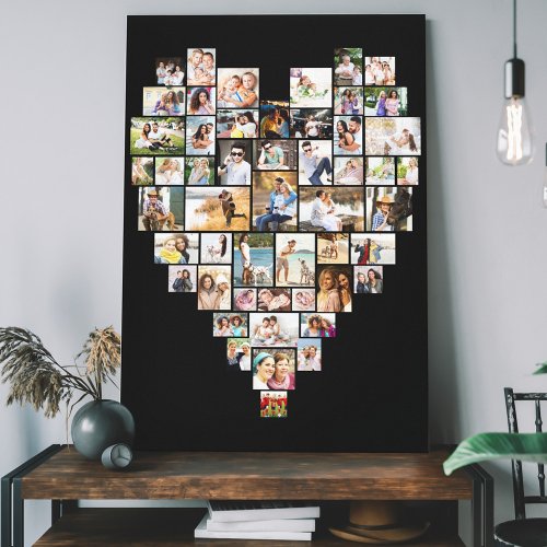 Heart Shaped Photo Collage 51 Pictures Black Canvas Print