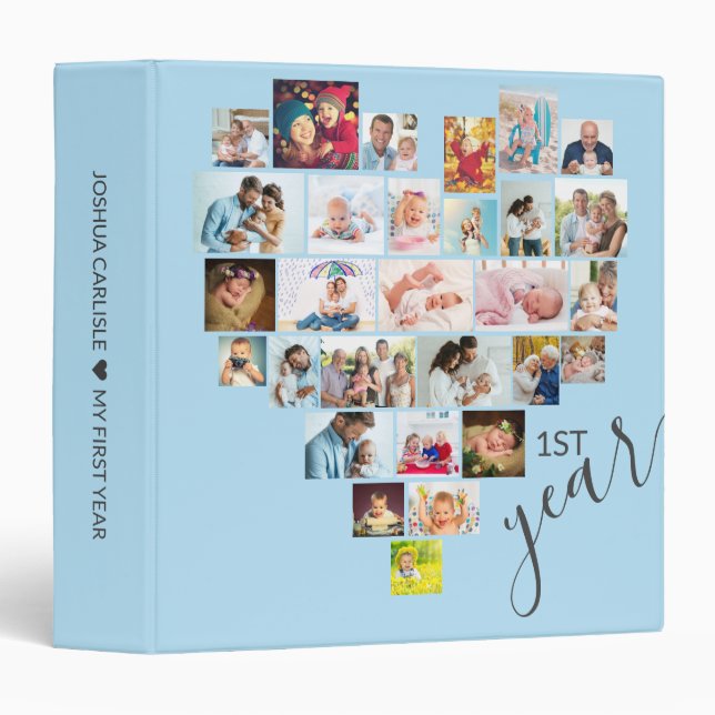 Heart Shaped Photo Collage Baby 1st Year Blue 3 Ring Binder (Front/Spine)