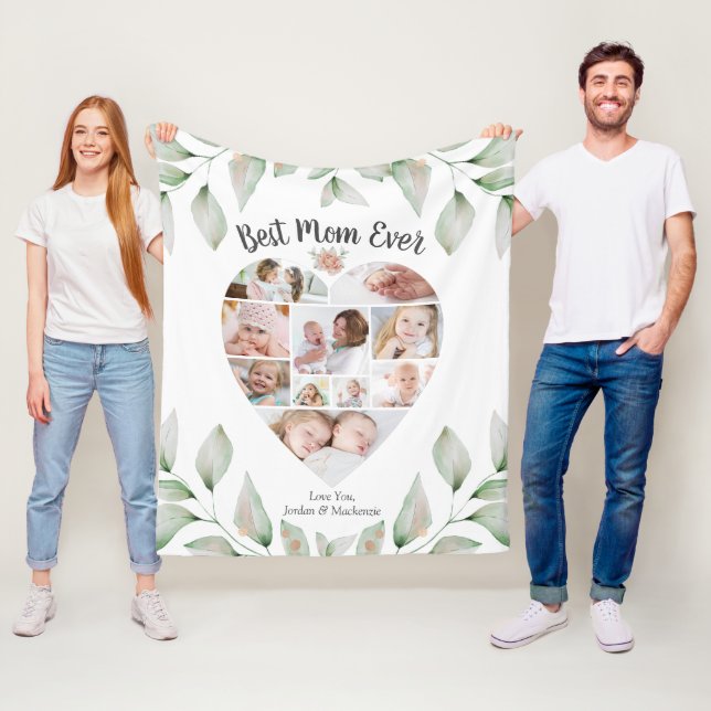 Heart Shaped Photo Collage Best Mom Ever Greenery Fleece Blanket (In Situ)