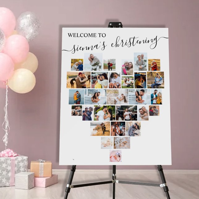 Heart Shaped Photo Collage Christening Welcome Foam Board (Creator Uploaded)