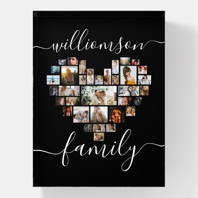 Heart Shaped Photo Collage Family Caligraphy Paperweight (Vertical)
