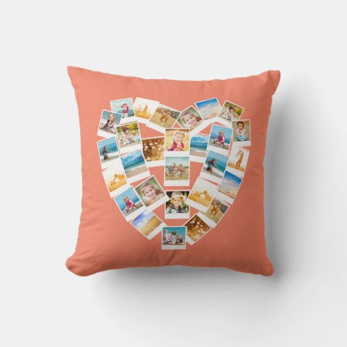 Heart Shaped Photo Collage Family Photos Coral Throw Pillow