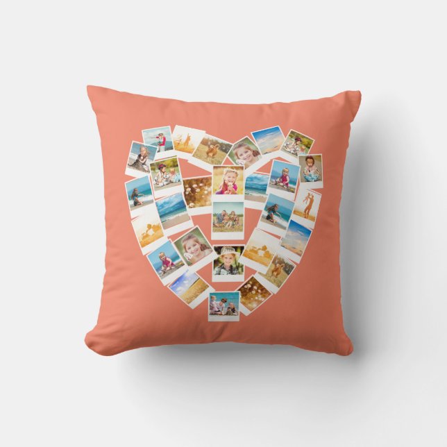 Heart Shaped Photo Collage Family Photos Coral Throw Pillow (Front)