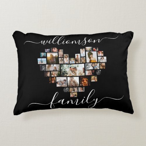 Heart Shaped Photo Collage Family Script Accent Pillow