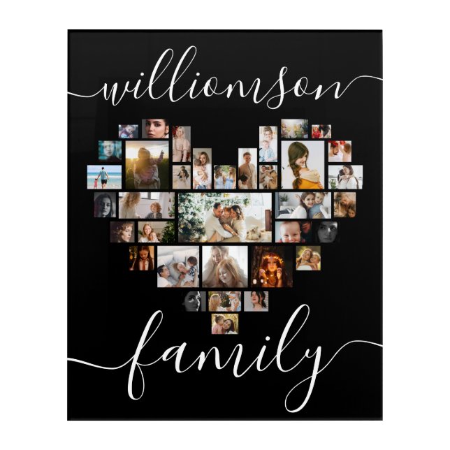 Heart Shaped Photo Collage Family Script Acrylic Print (Front)