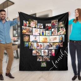 Heart Shaped Photo Collage Family Script Black Fleece Blanket