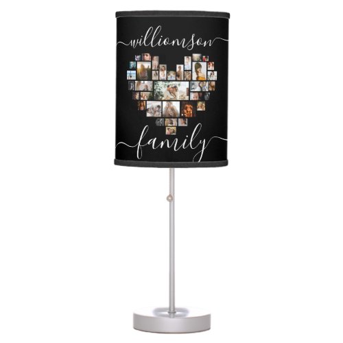 Heart Shaped Photo Collage Family Script Table Lamp