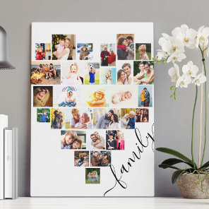 Heart Shaped Photo Collage Family Script White Canvas Print