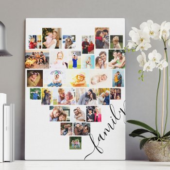 Heart Shaped Photo Collage Family Script White Canvas Print by darlingandmay at Zazzle