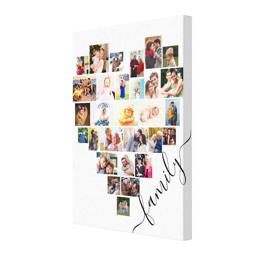 Heart Shaped Photo Collage Family Script White Canvas Print | Zazzle