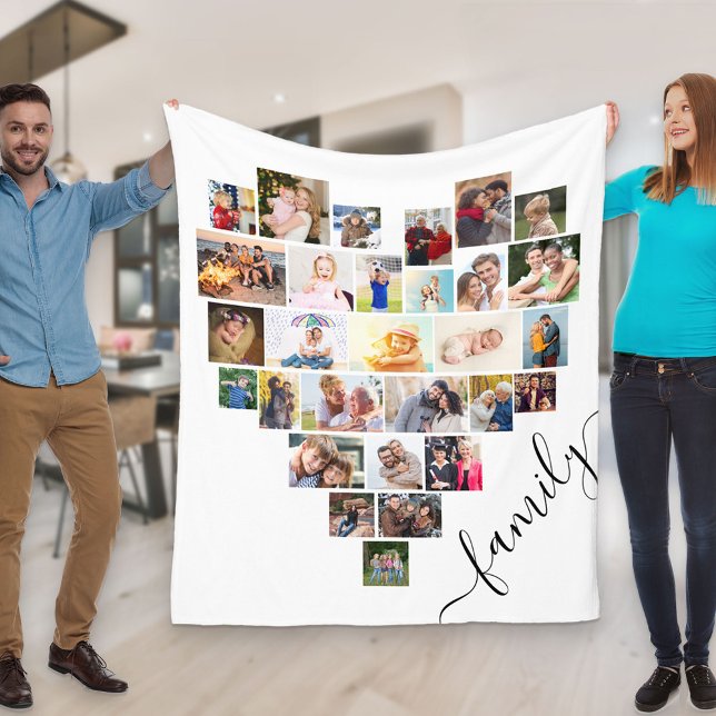 Heart Shaped Photo Collage Family Script White Fleece Blanket (Creator Uploaded)