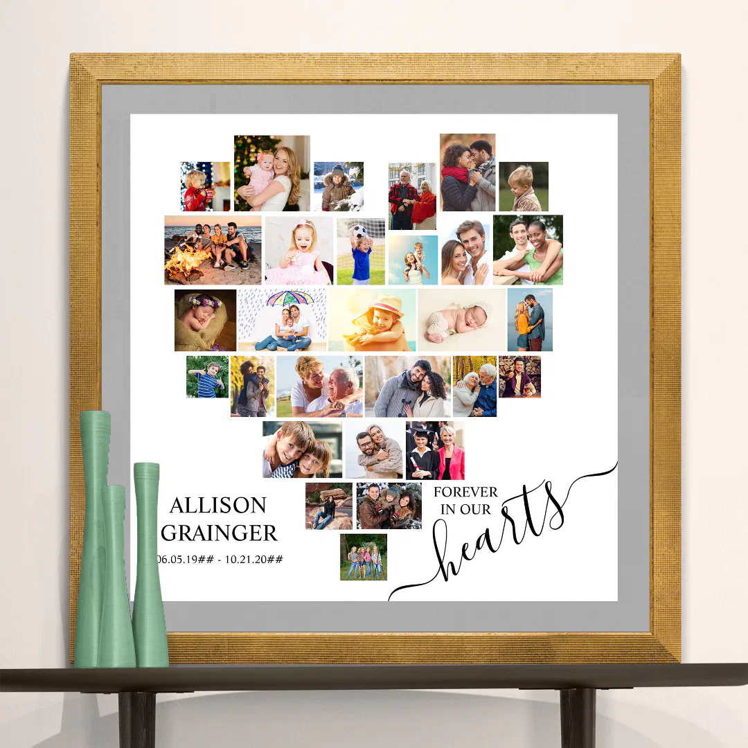 Heart Shaped Photo Collage Funeral Memorial Poster (Funeral memorial poster to order professionally printed or as a printable digital download)