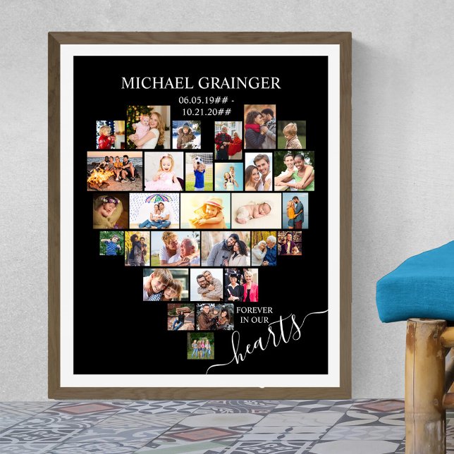 Heart Shaped Photo Collage Memorial Funeral Poster (Funeral memorial poster to order professionally printed or as a printable digital download)