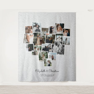 Heart Shaped Photo Collage Romantic Wedding Tapestry
