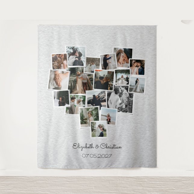 Heart Shaped Photo Collage Romantic Wedding Tapestry (Front)