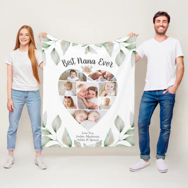 Heart Shaped Photo Collage Script Best Nana Ever Fleece Blanket | Zazzle