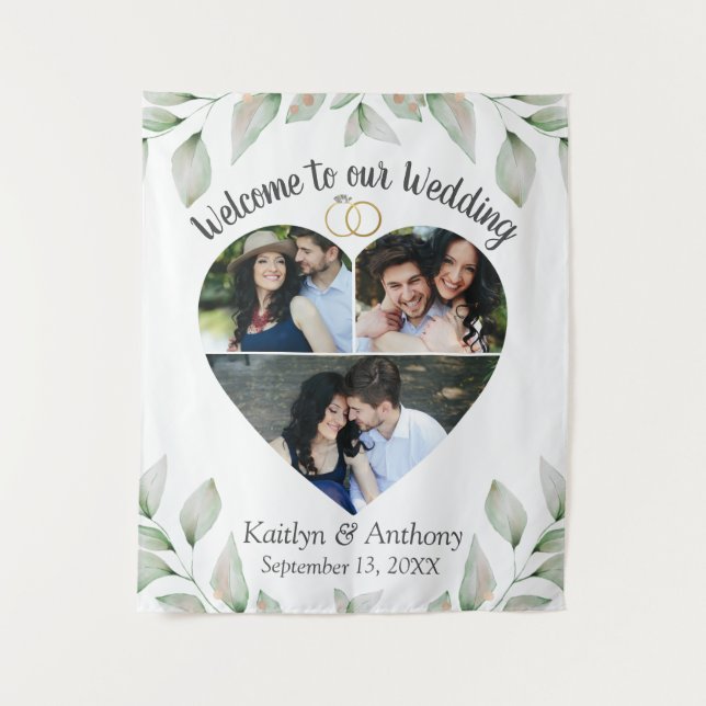 Heart Shaped Photo Collage Wedding Welcome Tapestry (Front)