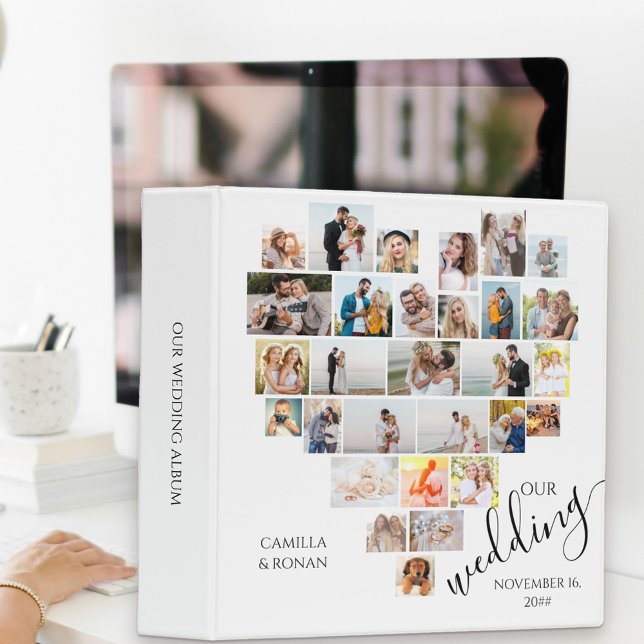 Heart Shaped Photo Collage White Wedding 3 Ring Binder (Create your own Wedding Photo Album with romantic heart shaped photo collage on the front cover)